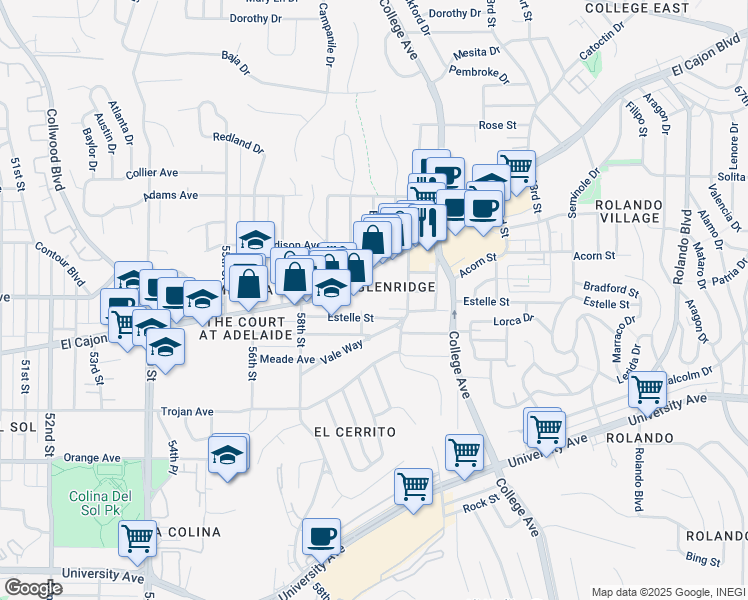 map of restaurants, bars, coffee shops, grocery stores, and more near 5885 El Cajon Boulevard in San Diego