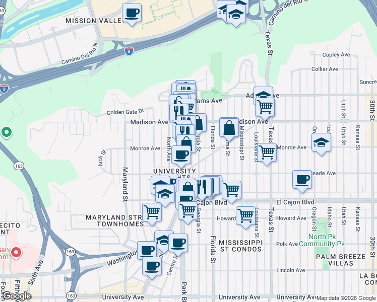 map of restaurants, bars, coffee shops, grocery stores, and more near 4491 Park Boulevard in San Diego