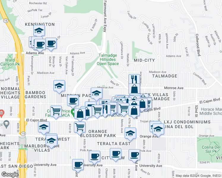map of restaurants, bars, coffee shops, grocery stores, and more near 4585 Monroe Avenue in San Diego