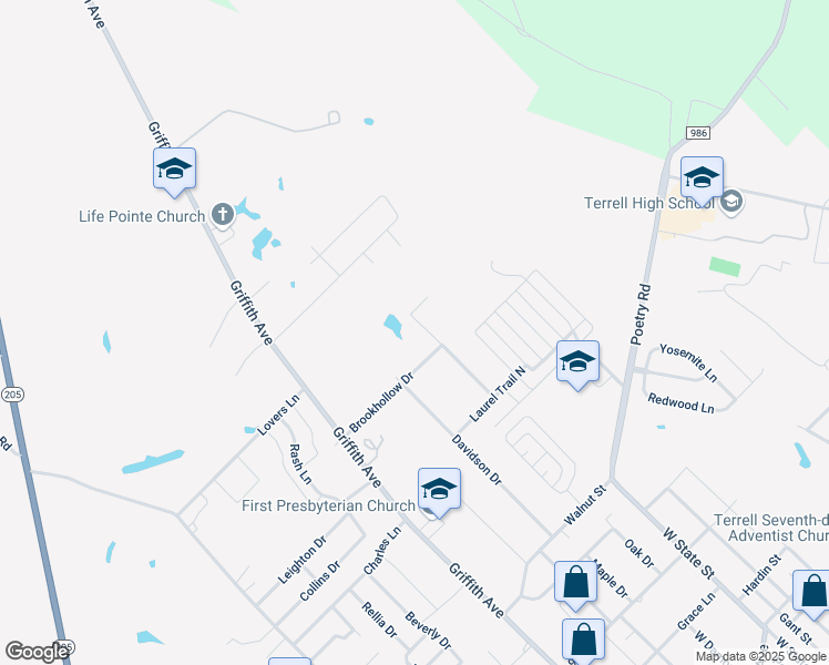 map of restaurants, bars, coffee shops, grocery stores, and more near 303 Laurel Trail Drive in Terrell