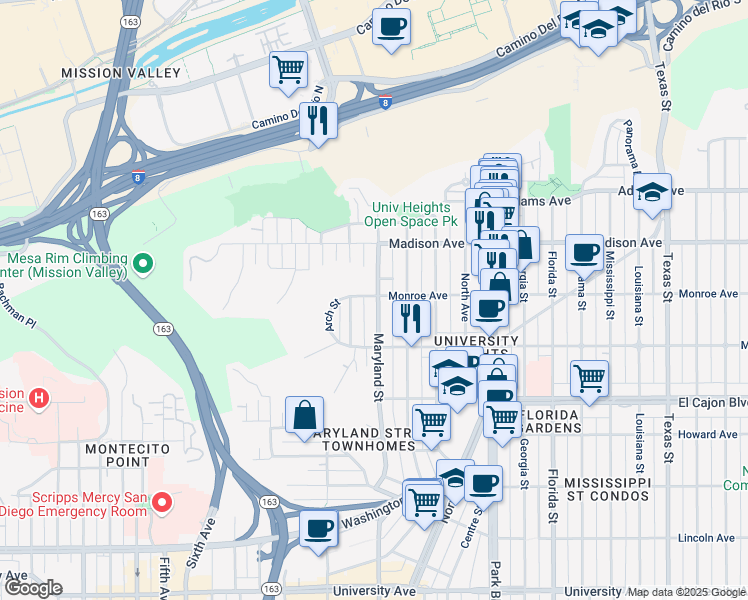 map of restaurants, bars, coffee shops, grocery stores, and more near 4472 Maryland Street in San Diego