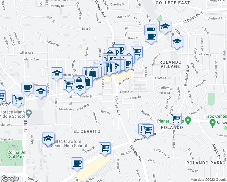 map of restaurants, bars, coffee shops, grocery stores, and more near 4515 College Way in San Diego