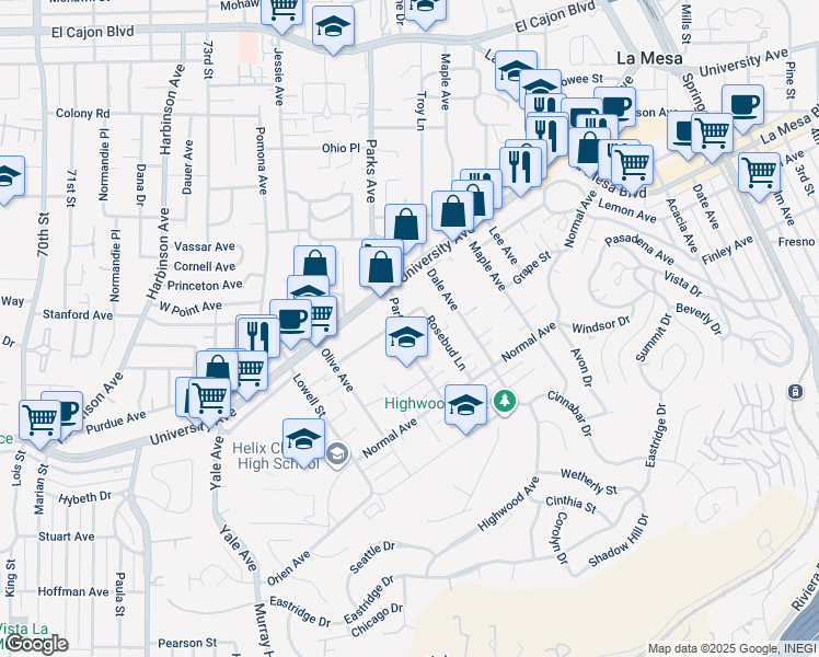 map of restaurants, bars, coffee shops, grocery stores, and more near 4424 Parks Avenue in La Mesa