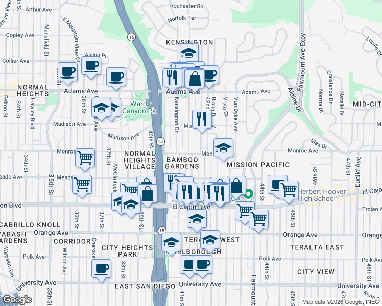 map of restaurants, bars, coffee shops, grocery stores, and more near 4476 Marlborough Avenue in San Diego