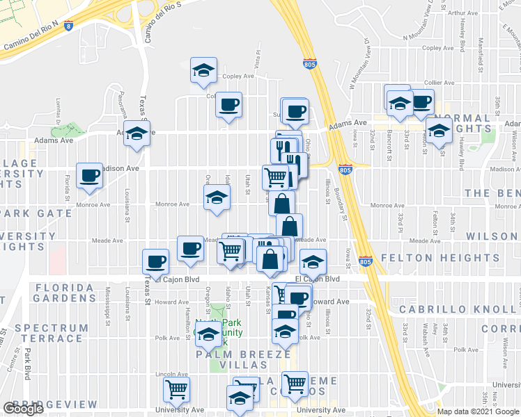 map of restaurants, bars, coffee shops, grocery stores, and more near 4468 Kansas Street in San Diego