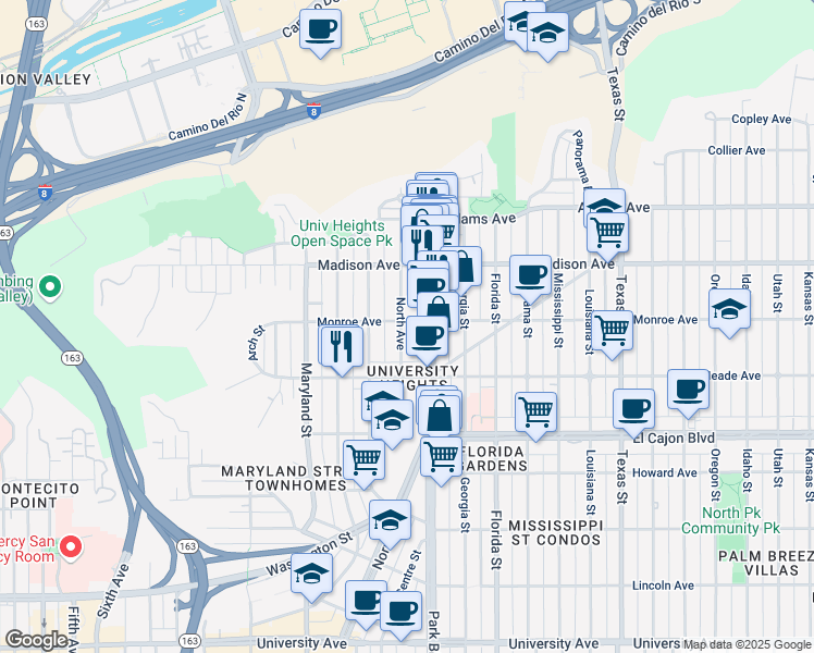 map of restaurants, bars, coffee shops, grocery stores, and more near 4469 North Avenue in San Diego