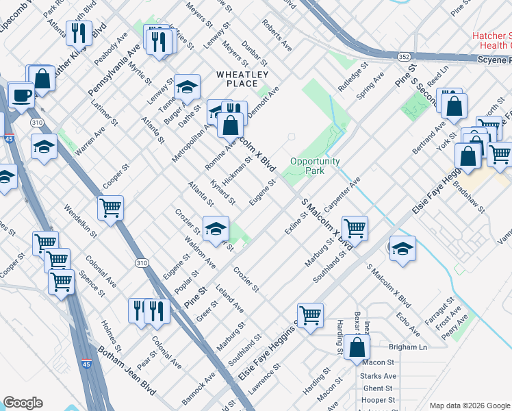 map of restaurants, bars, coffee shops, grocery stores, and more near 2626 Lobdell Street in Dallas