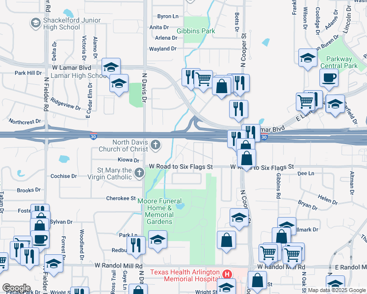 map of restaurants, bars, coffee shops, grocery stores, and more near 1508 Emerald Isle Drive in Arlington