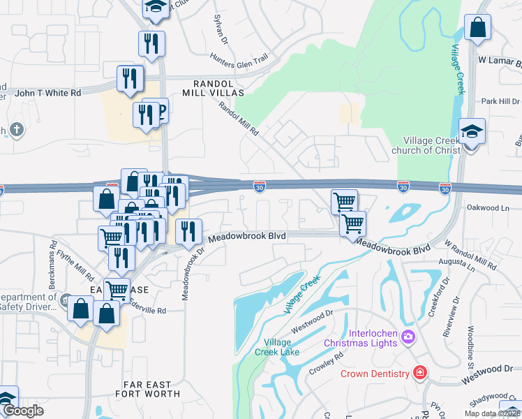 map of restaurants, bars, coffee shops, grocery stores, and more near 1430 Palmnold Circle East in Fort Worth