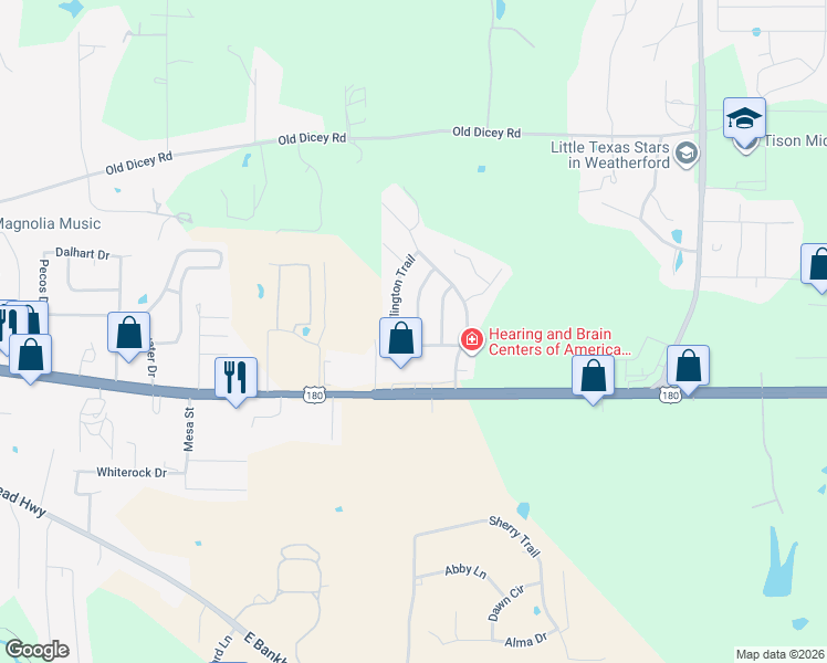 map of restaurants, bars, coffee shops, grocery stores, and more near 1909 Windowmere Trail in Weatherford