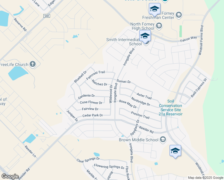 map of restaurants, bars, coffee shops, grocery stores, and more near 2043 Wildwood Drive in Forney
