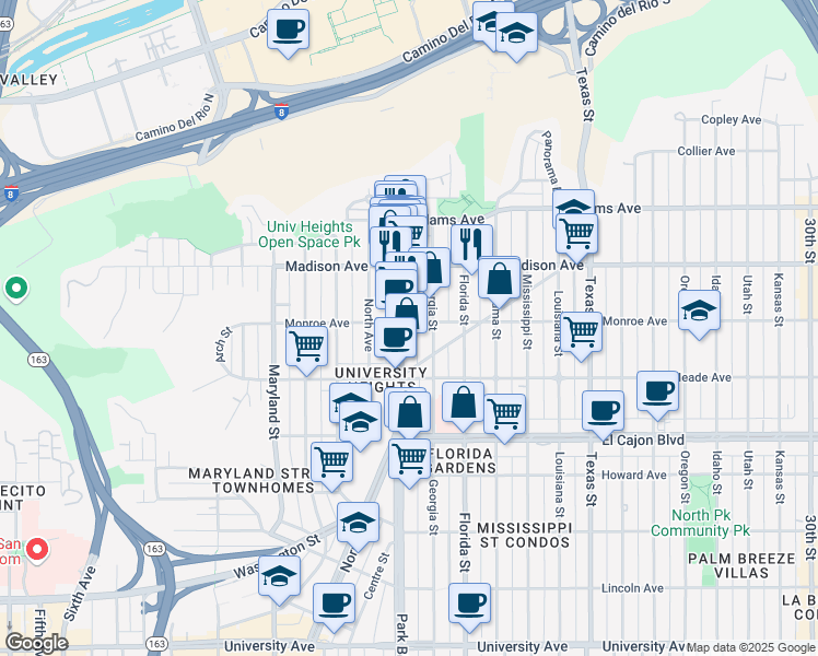 map of restaurants, bars, coffee shops, grocery stores, and more near 4491 Park Boulevard in San Diego