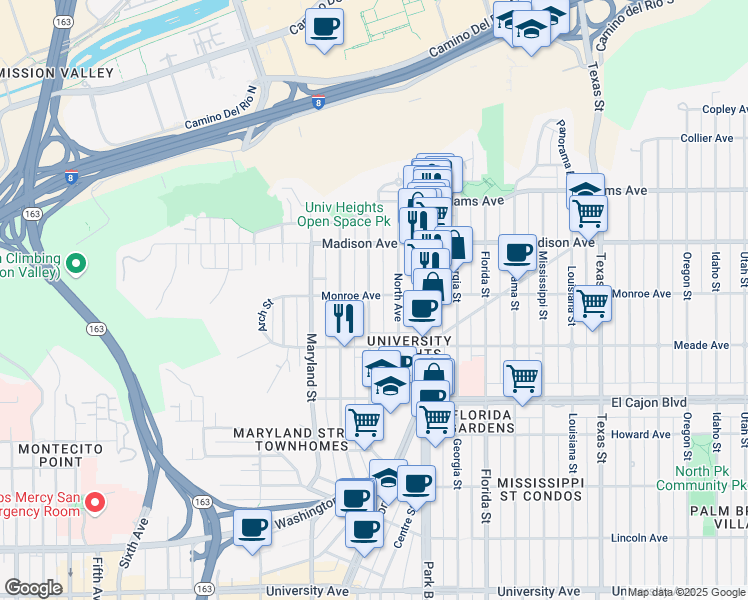 map of restaurants, bars, coffee shops, grocery stores, and more near 4499 Campus Avenue in San Diego