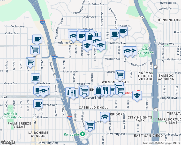 map of restaurants, bars, coffee shops, grocery stores, and more near 4494 34th Street in San Diego
