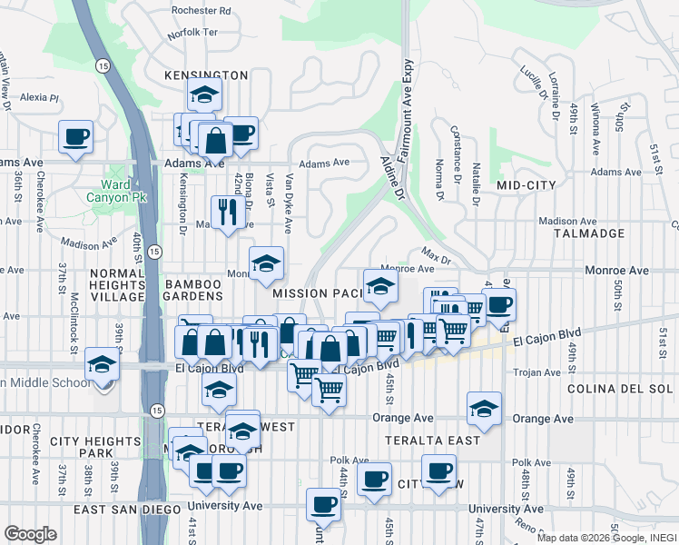 map of restaurants, bars, coffee shops, grocery stores, and more near 4424 44th Street in San Diego