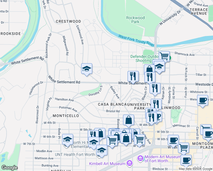 map of restaurants, bars, coffee shops, grocery stores, and more near 108 Williamsburg Lane in Fort Worth