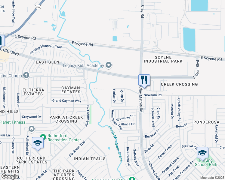 map of restaurants, bars, coffee shops, grocery stores, and more near 801 Parker Drive in Mesquite