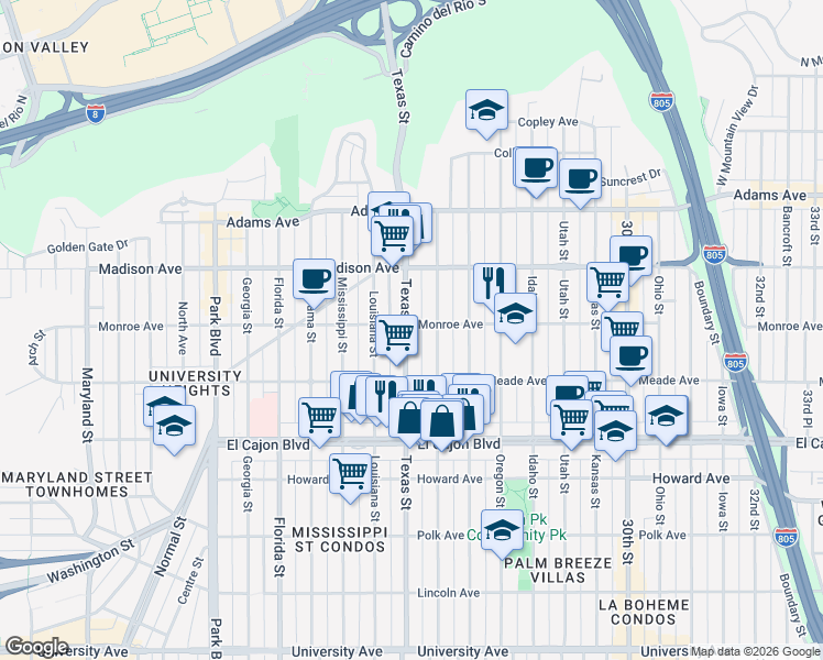 map of restaurants, bars, coffee shops, grocery stores, and more near 4463 Texas Street in San Diego