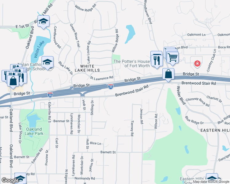 map of restaurants, bars, coffee shops, grocery stores, and more near 4913 Brentwood Stair Road in Fort Worth