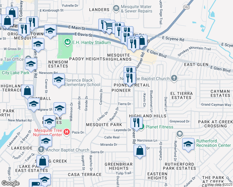 map of restaurants, bars, coffee shops, grocery stores, and more near 705 Rancho Drive in Mesquite