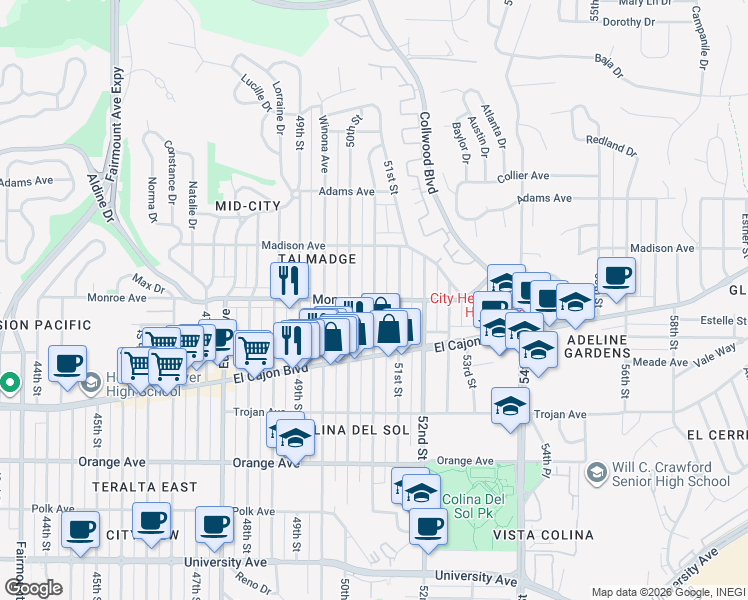 map of restaurants, bars, coffee shops, grocery stores, and more near Monroe Avenue & Altadena Avenue in San Diego