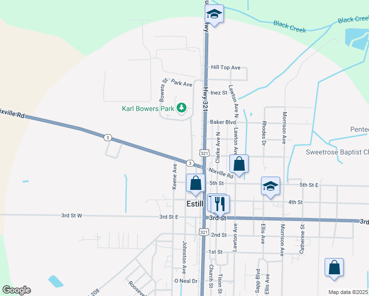 map of restaurants, bars, coffee shops, grocery stores, and more near 57 Parrish Greene Lane in Estill