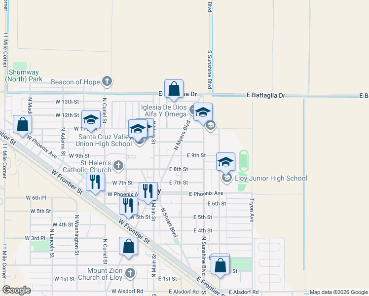 map of restaurants, bars, coffee shops, grocery stores, and more near 204 East 9th Street in Eloy