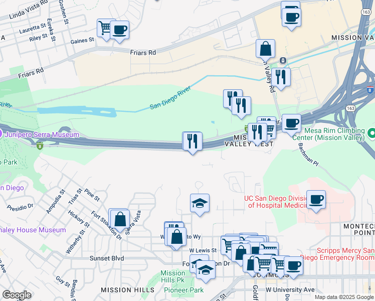 map of restaurants, bars, coffee shops, grocery stores, and more near Hotel Circle South in San Diego