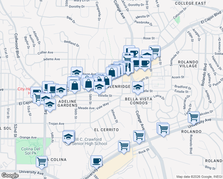 map of restaurants, bars, coffee shops, grocery stores, and more near 5885 El Cajon Boulevard in San Diego
