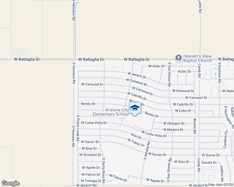 map of restaurants, bars, coffee shops, grocery stores, and more near 12246 West Lobo Drive in Arizona City