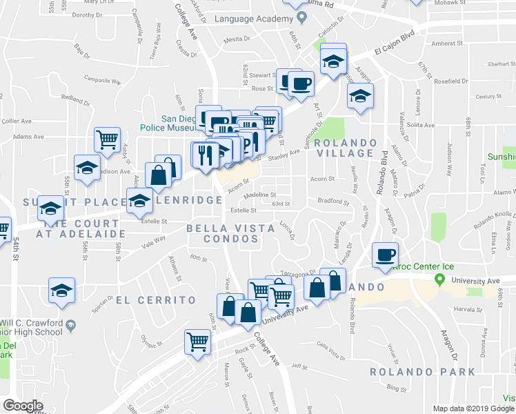 map of restaurants, bars, coffee shops, grocery stores, and more near 6201 Estelle Street in San Diego