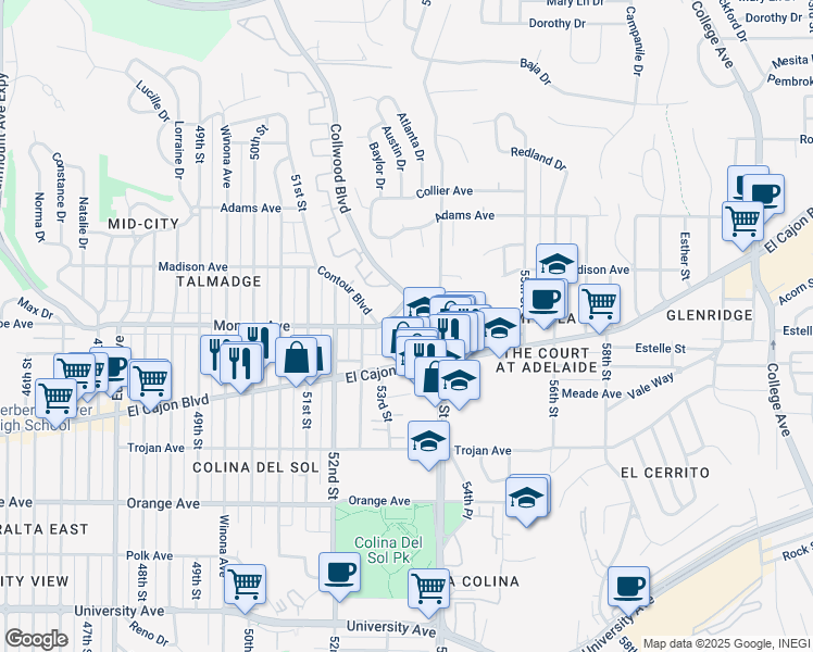 map of restaurants, bars, coffee shops, grocery stores, and more near 5275 Monroe Avenue in San Diego
