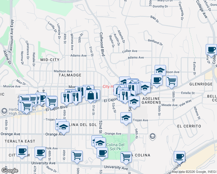 map of restaurants, bars, coffee shops, grocery stores, and more near 4463 Dawson Avenue in San Diego