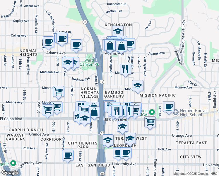 map of restaurants, bars, coffee shops, grocery stores, and more near 4471 Central Avenue in San Diego