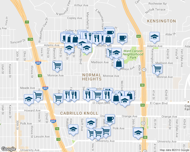 map of restaurants, bars, coffee shops, grocery stores, and more near 3535 Monroe Avenue in San Diego