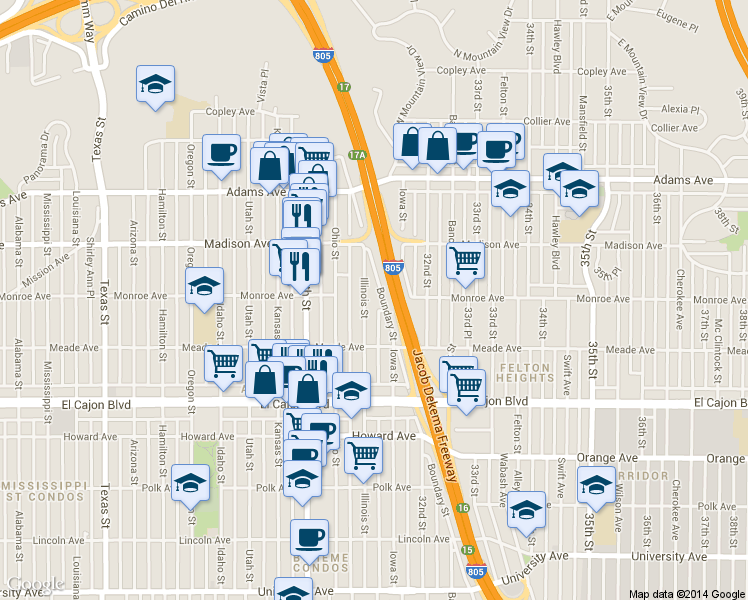 map of restaurants, bars, coffee shops, grocery stores, and more near 4457 Illinois Street in San Diego