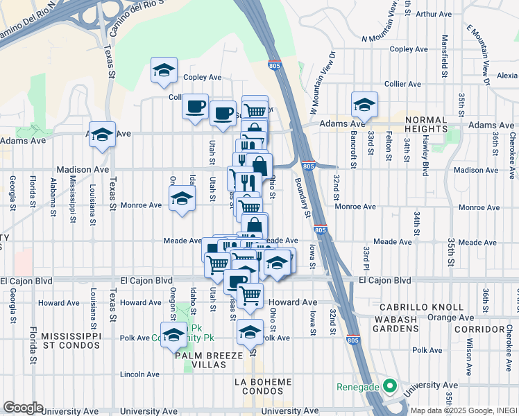 map of restaurants, bars, coffee shops, grocery stores, and more near 4464 30th Street in San Diego