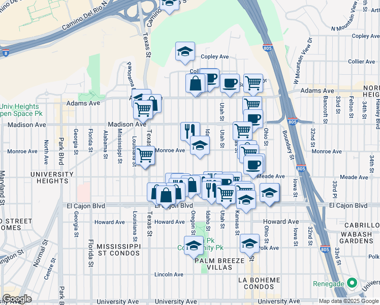 map of restaurants, bars, coffee shops, grocery stores, and more near 4464 1/2 Oregon Street in San Diego