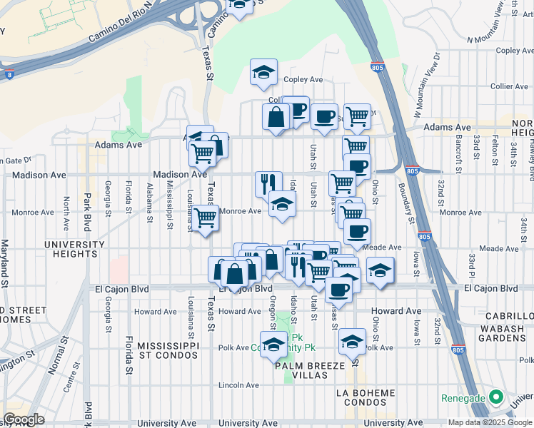 map of restaurants, bars, coffee shops, grocery stores, and more near 4464 1/2 Oregon Street in San Diego