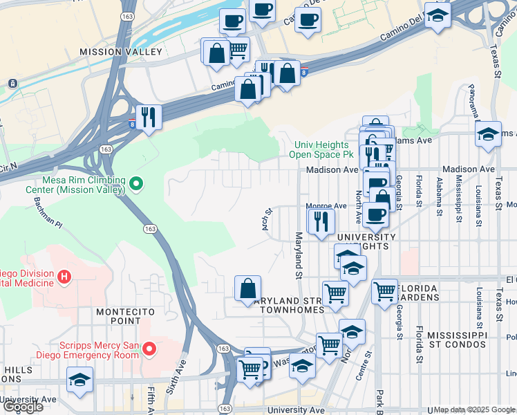 map of restaurants, bars, coffee shops, grocery stores, and more near 4521 Rhode Island Street in San Diego
