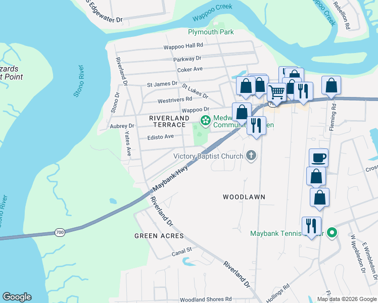 map of restaurants, bars, coffee shops, grocery stores, and more near 2134 Golfview Drive in Charleston