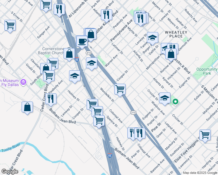 map of restaurants, bars, coffee shops, grocery stores, and more near 3524 Wendelkin Street in Dallas
