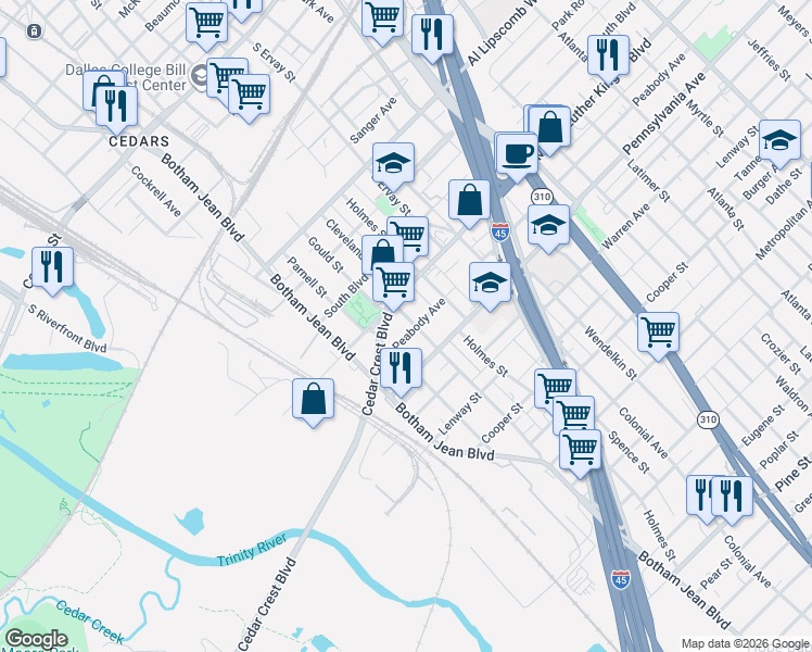 map of restaurants, bars, coffee shops, grocery stores, and more near 1314 Peabody Avenue in Dallas