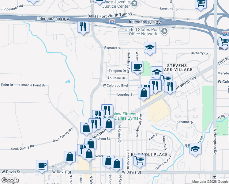map of restaurants, bars, coffee shops, grocery stores, and more near 3106 Lourdes Street in Dallas