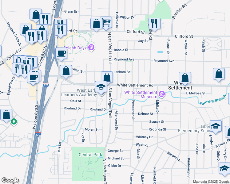 map of restaurants, bars, coffee shops, grocery stores, and more near 131 South Las Vegas Trail in Fort Worth
