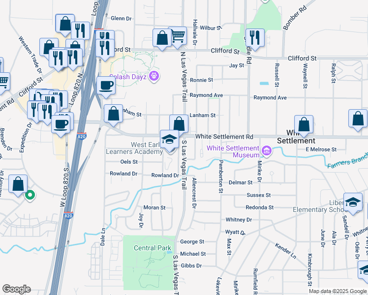 map of restaurants, bars, coffee shops, grocery stores, and more near 131 South Las Vegas Trail in Fort Worth
