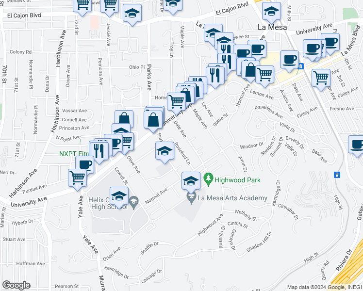 map of restaurants, bars, coffee shops, grocery stores, and more near 4419 Rosebud Lane in La Mesa