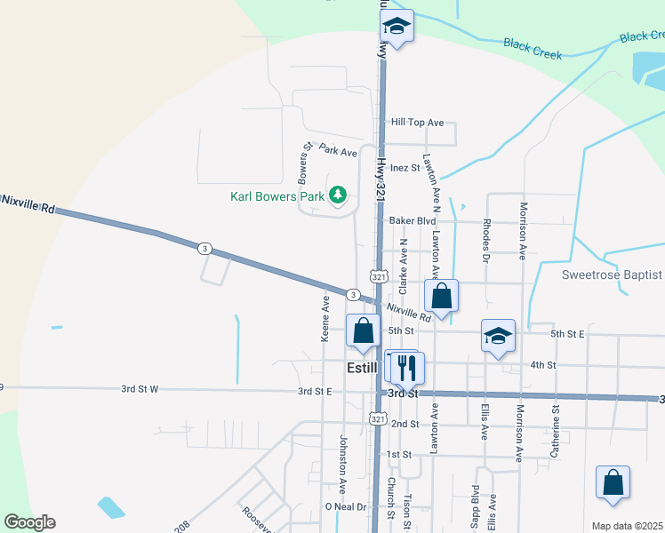 map of restaurants, bars, coffee shops, grocery stores, and more near 57 Parrish Greene Lane in Estill
