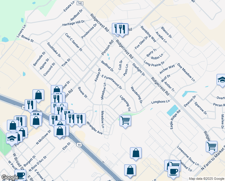 map of restaurants, bars, coffee shops, grocery stores, and more near 116 Stampede Trail in Forney
