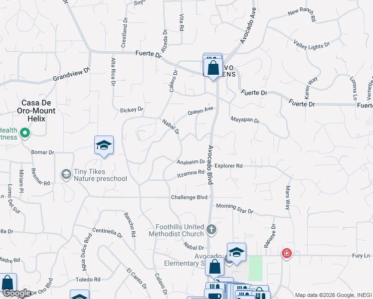 map of restaurants, bars, coffee shops, grocery stores, and more near 4331 Nabal Drive in La Mesa